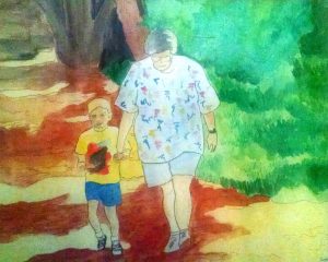 Brenda walking with her grandson