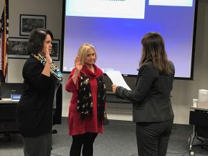 MUSD Boardmembers Deidre Siguenza and Bobbi Horack take the oath of office from Lynn Mackey