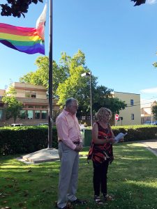 John Stevens and Noralea Gipner at the PRIDE flag raising